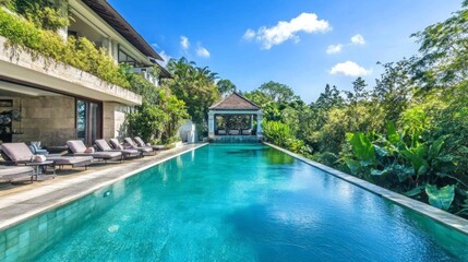 Obraz premium Relaxation and leisure at a luxurious poolside villa in bali tranquil paradise serene environment stunning view