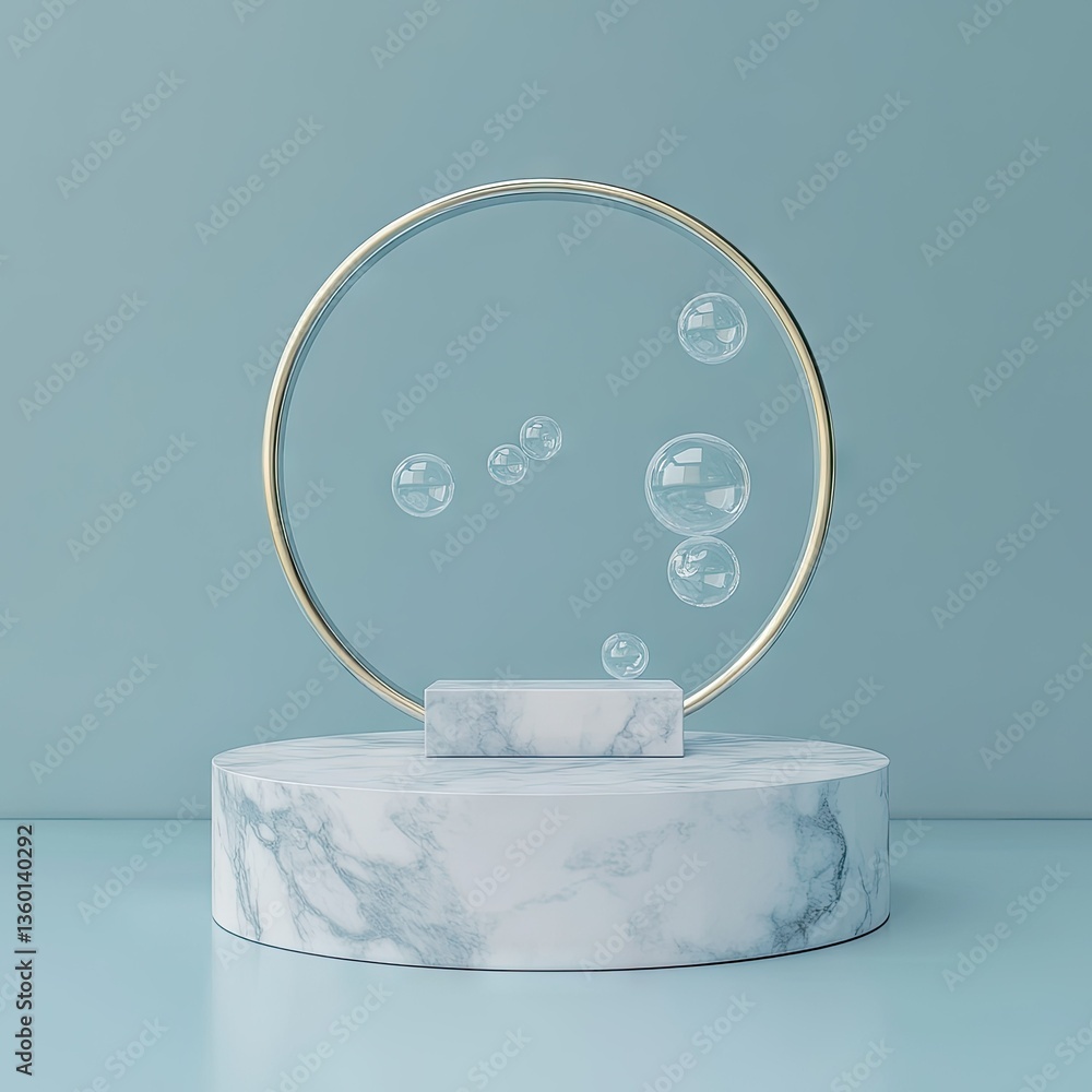 Poster a serene display featuring marble-like pedestals in varying heights against a soft blue background. 