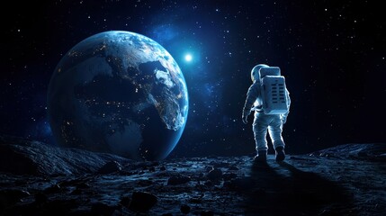 An astronaut stands on the lunar surface, gazing at Earth amidst a star-filled cosmos, symbolizing exploration and the vastness of space.