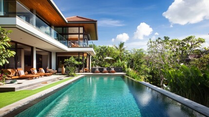 Fototapeta premium Luxury villa retreat with scenic pool and lush gardens bali architecture photography tropical paradise panoramic view