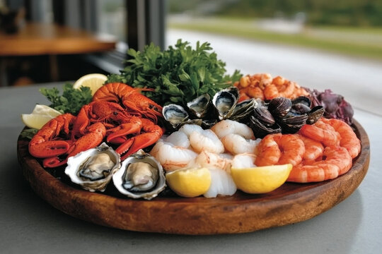A wooden platter with a variety of seafood including oysters, shrimp