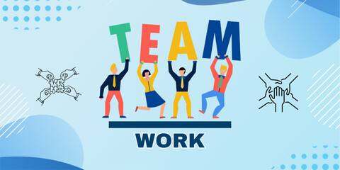 Professional Team Work Business Concept Illustration Vector on Blue. Premium Teamwork Concept Icon Banner. Top View, Collaboration, Group, Symbol, Marketing, Company, Strategy, People, Partnership