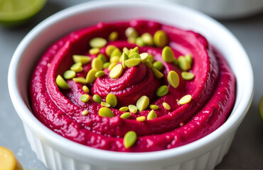 Beet Hummus Is A Vibrant And Visually Appealing Appetizer, Topped With Crushed Pistachios And Served In A White Dish.