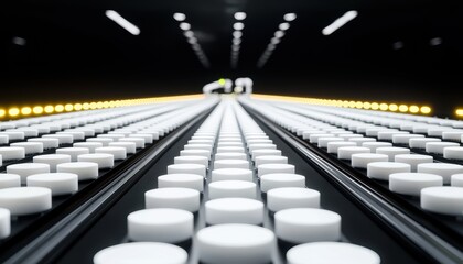 Obraz premium A perspective view of a conveyor belt lined with white circular objects, illuminated by warm lights, creating a striking visual effect.