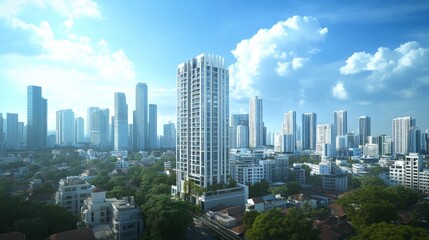 Fototapeta premium Urban development tower rising amidst cityscape downtown area architectural visualization bright atmosphere aerial perspective