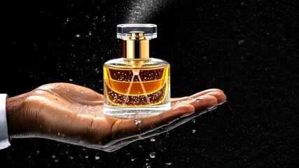 A stunning and elegant perfume bottle releases a soft mist, gracefully resting on a hand set against a striking black background