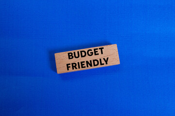 Budget friendly message written on wooden block on blue background. Conceptual budget friendly...