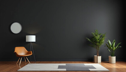 Modern Dark-Toned Living Room with Mid-Century Chair and Minimalist Decor – Generative AI