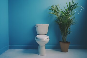 Modern White Toilet in a Teal Bathroom with a Tropical Plant