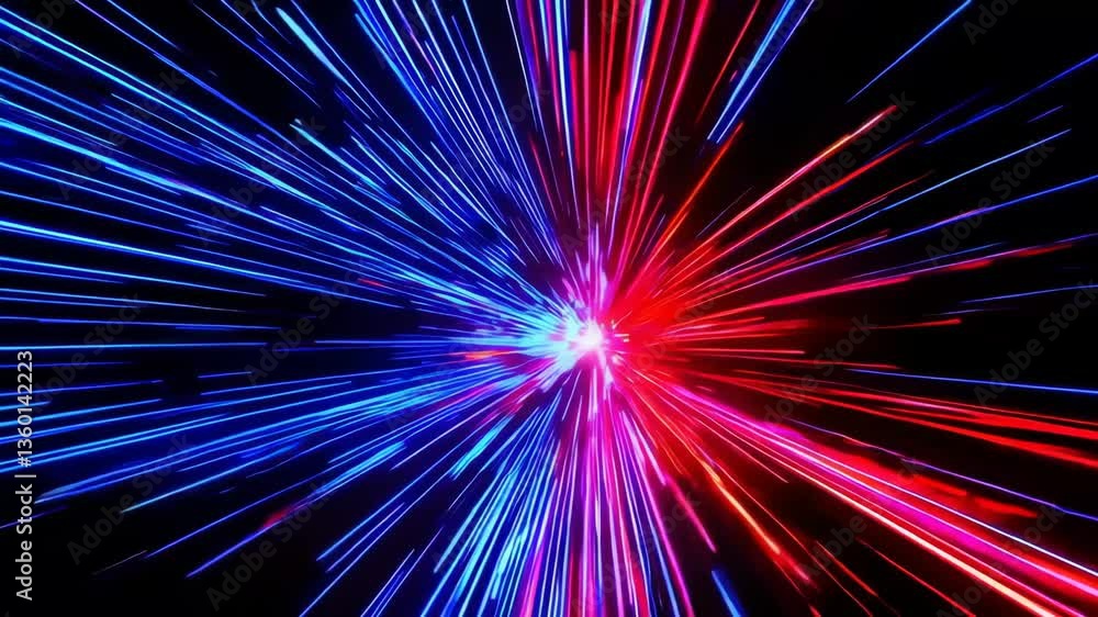 Poster dynamic burst of red and blue light rays on black background