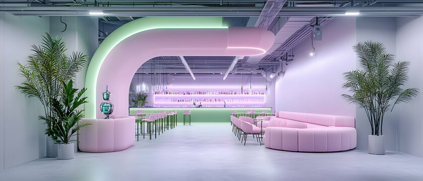 A futuristic bar design features a pink and green color scheme with unique architectural elements. This could be ideal for themed events or social media.