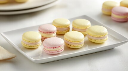 Obraz premium Delicate Presentation of Pastel Macarons Filled with Rose, Lavender, and Lemon Creams on White Ceramic Plate in Serene Atmosphere