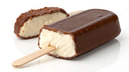 Chocolate covered ice cream on a stick isolated on a white background