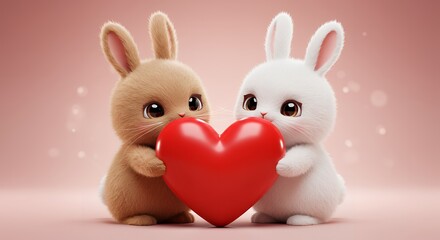 Obraz premium Cute Bunnies Holding Red Heart Adorable Valentines Day Animation Concept