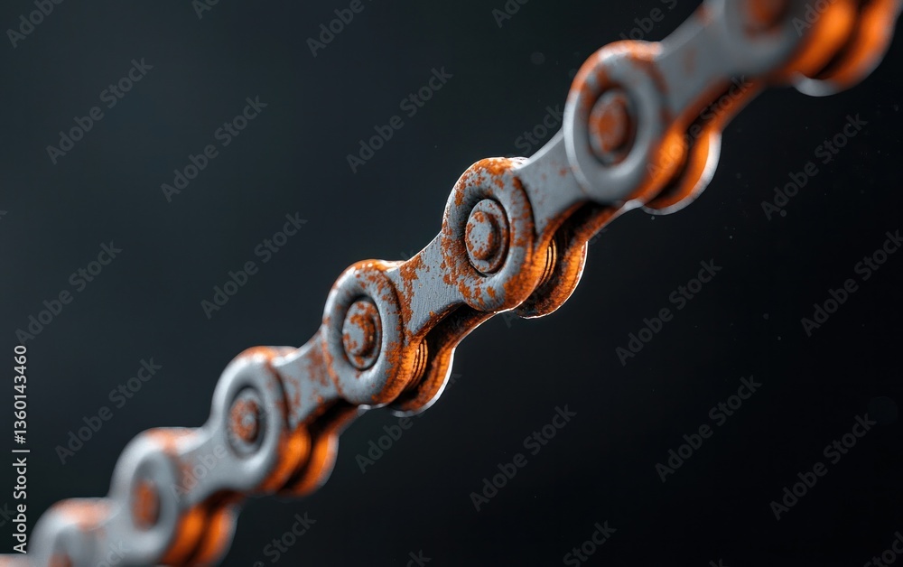 Poster close-up of a rusty metallic chain against a dark background. the chain links are detailed, showing 