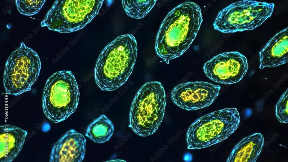 Poster close-up of colorful microscopic cells displaying intricate structures and lively patterns in a dark