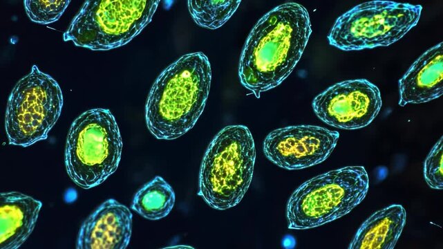 Close-up of Colorful Microscopic Cells Displaying Intricate Structures and Lively Patterns in a Dark Background for Scientific Exploration and Research