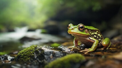 Obraz premium frog on a rock against the background of a river