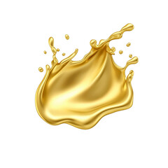 A splash of shiny golden liquid with dynamic motion and smooth texture, isolated on transparency background