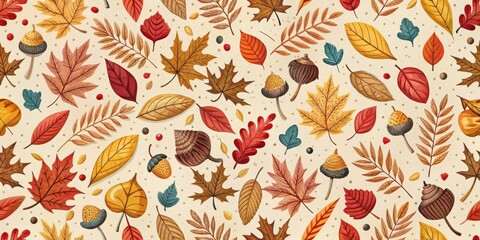 Autumnal foliage and acorn seamless pattern design featuring a variety of fall leaves and nuts on a beige background.