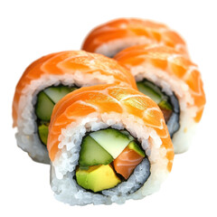 Fresh sushi rolls with salmon, avocado, and cucumber on a white background
