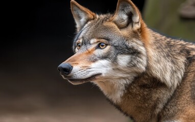 Obraz premium Close-up of a wolf's head and shoulders against a blurred dark background. The wolf has reddish-brown and gray fur, alert expression, and intense eyes