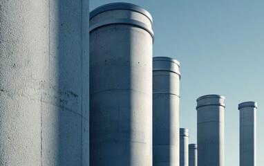A series of tall, cylindrical concrete structures against a clear blue sky, emphasizing industrial design and symmetry.