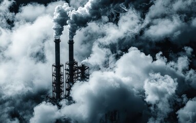 Smoke billows from industrial smokestacks, surrounded by a cloudy atmosphere, highlighting pollution and its impact on the environment.