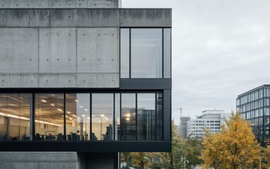 Modern concrete building with large windows, showcasing an interior workspace. Autumn foliage is visible in the background. The image has a neutral color palette