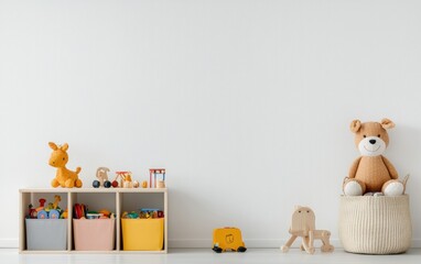 Wooden toy shelf with colorful bins, stuffed animals, and wooden toys against a white wall. A neutral color palette is present
