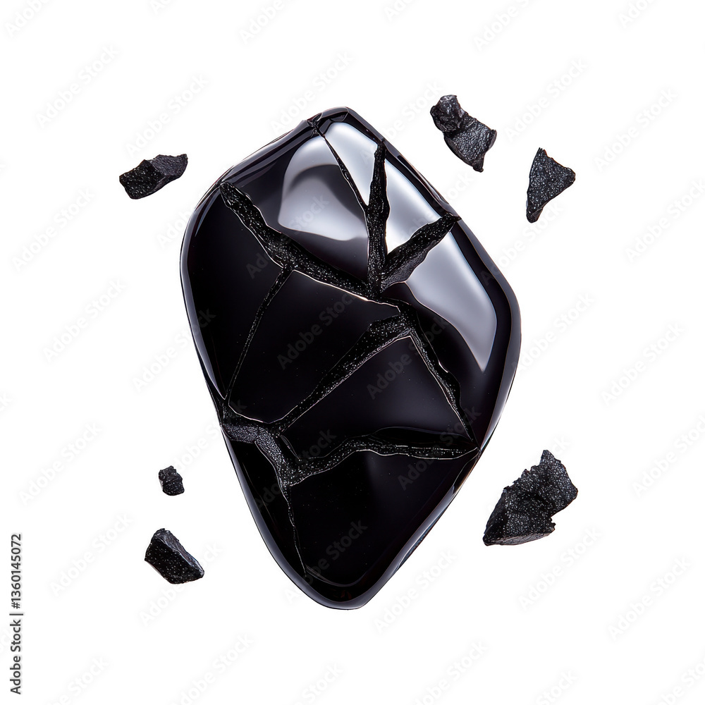 Poster a shiny black stone with cracks and scattered fragments on transparency background. stone glossy sur