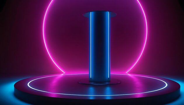 Podium 3D stage product platform pedestal background display neon abstract. Podium 3D light stage scene purple show studio room blue night award modern dark sale render flash banner mockup,cosmetic, 1 - Powered by Adobe