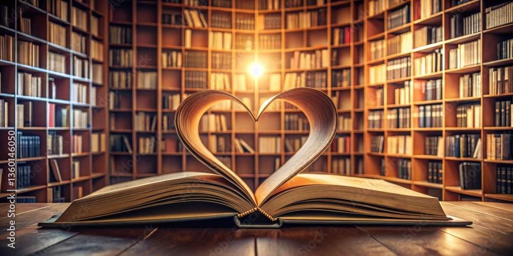 Poster a book shaped into a heart in a library setting shows the love of reading