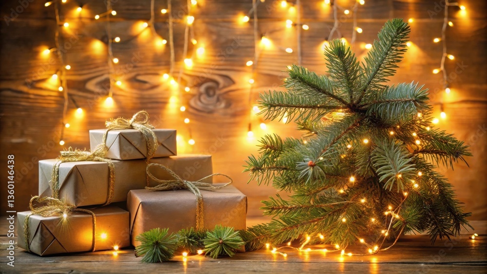 Poster festive wrapped gifts and decorated evergreen tree branch with warm string lights on wooden surface