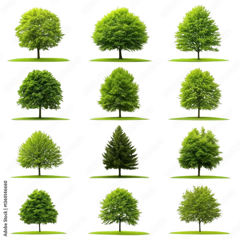 Aufkleber a collection of twelve different green trees isolated on transparency background, showcasing various