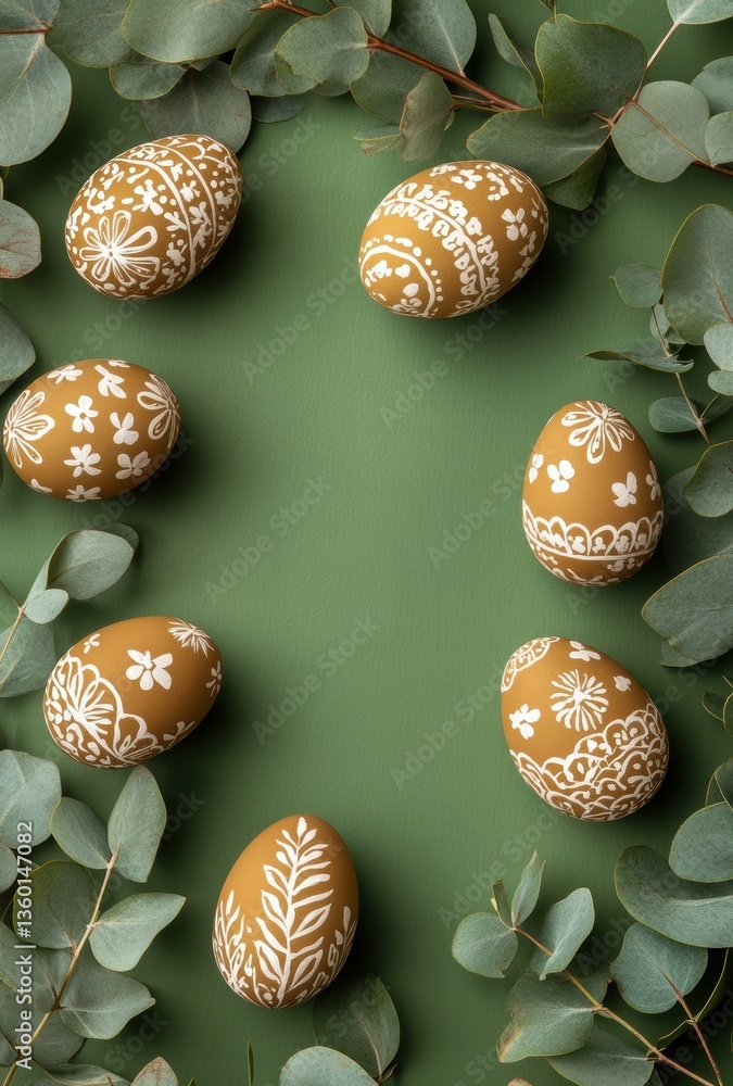 Aufkleber decorative easter eggs with intricate white patterns arranged on green background surrounded by euca