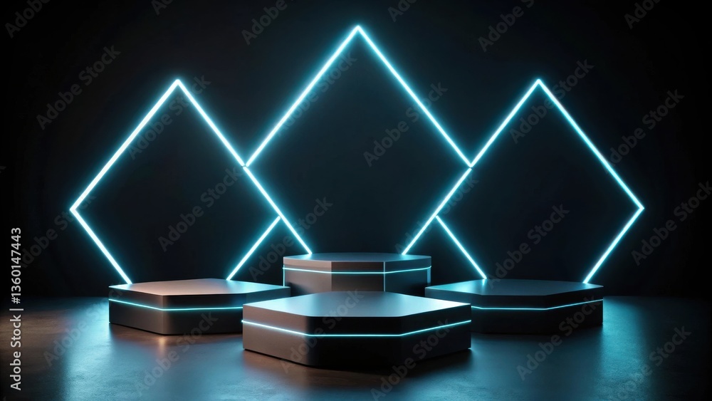 Poster Abstract Dark Room with Neon Geometric Lighting and Hexagonal Platforms