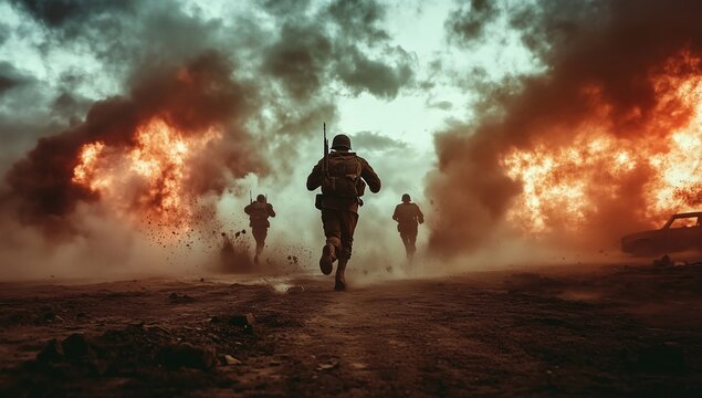 Soldiers Running from Explosion in Dusty Battlefield with Determination, Grit and Survival