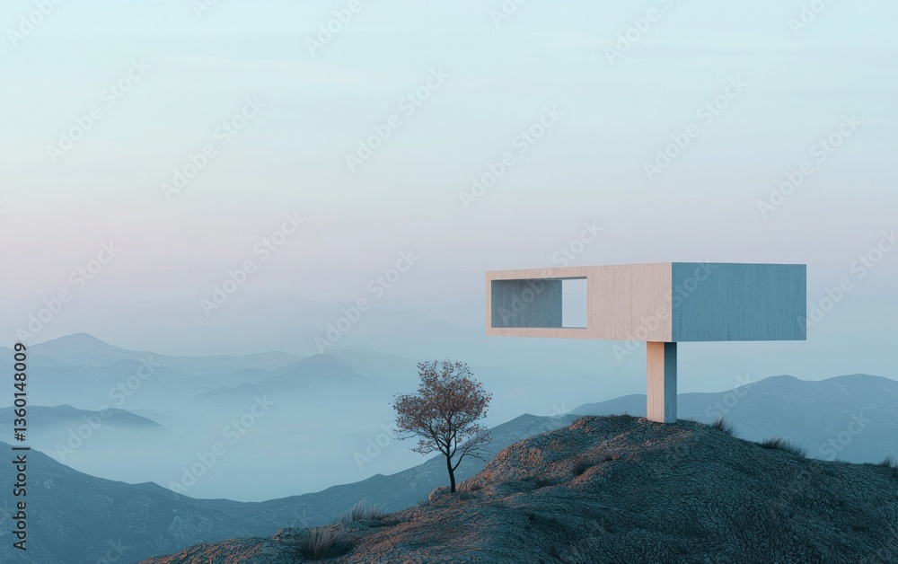 Poster minimalist architecture in a misty mountain landscape. a small tree stands beside a unique concrete 