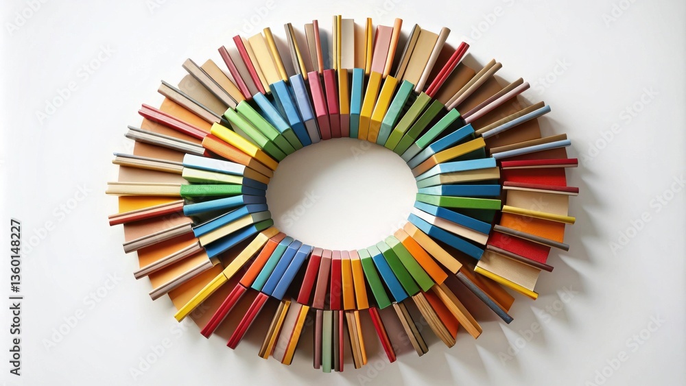 Poster A vibrant spectrum of colorful books arranged in a circular pattern, creating a captivating visual representation of diversity and knowledge.