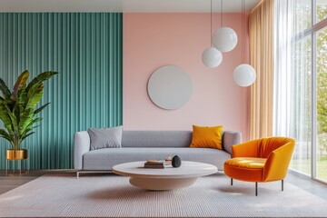 Modern minimalist living room with pastel pink walls, teal accent, and retro-inspired furniture