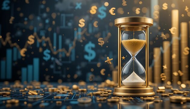 Golden hourglass marking a fleeting moment in the financial market time is money wealth accumulation concept in a gold and blue bokeh backdrop. - Powered by Adobe