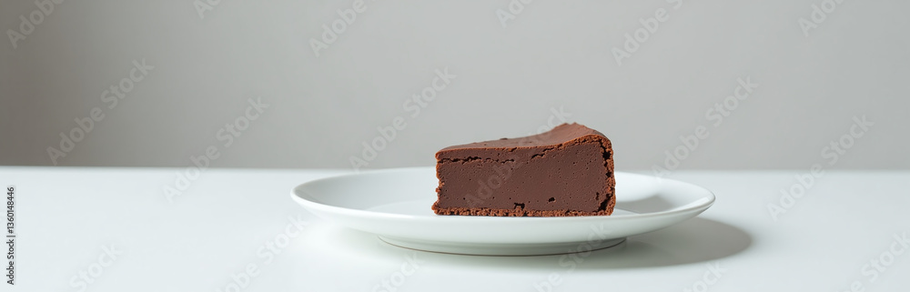 Poster a single slice of chocolate cake sits alone on a clean white plate in a quiet empty room.