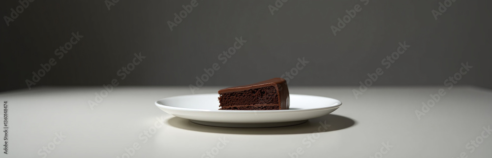 Poster a single slice of chocolate cake sits alone on a clean white plate in a quiet empty room.