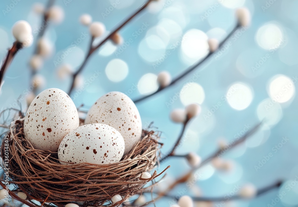 Poster delicate bird eggs nestled in twigs with soft blue background and bokeh lights creating a serene spr