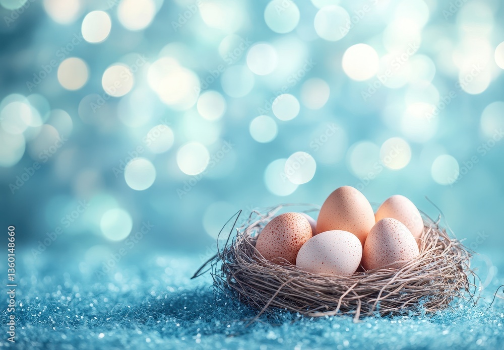Aufkleber delicate brown eggs nestled in a natural nest on a soft turquoise background with shimmering bokeh l
