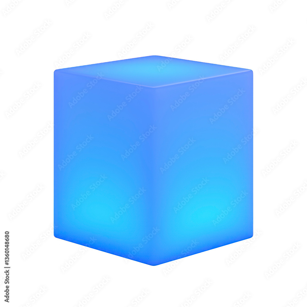 Poster a glowing blue cube emits soft, ambient light, creating calming atmosphere. cube smooth surface and 