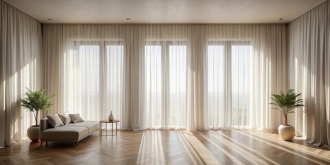 Fototapeta premium Serene Sunlight Illuminates a Minimalist Living Space Featuring Sheer Curtains, Hardwood Floors, and a Comfortable Sofa