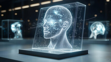 Digital human head encased in glass. Represents AI technology artificial intelligence and data processing. Suggests medical applications for brain analysis.