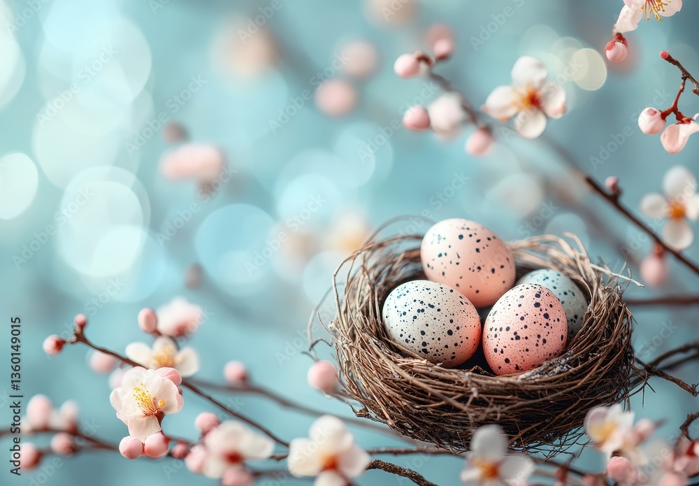 Poster delicate nest with colorful easter eggs surrounded by blossoming branches in soft focus background f